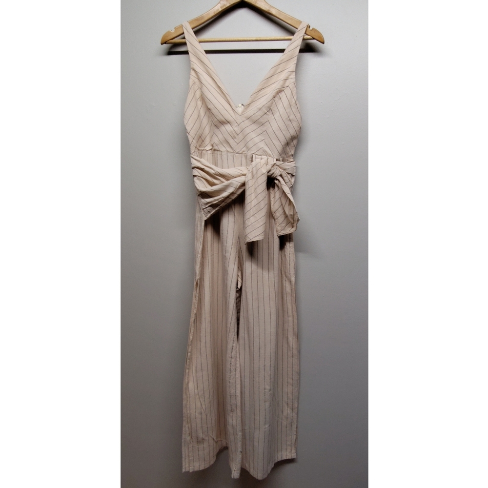 Parallel Lines Jumpsuit Women Size M Cream Blue Stripes Sleeveless Open Leg